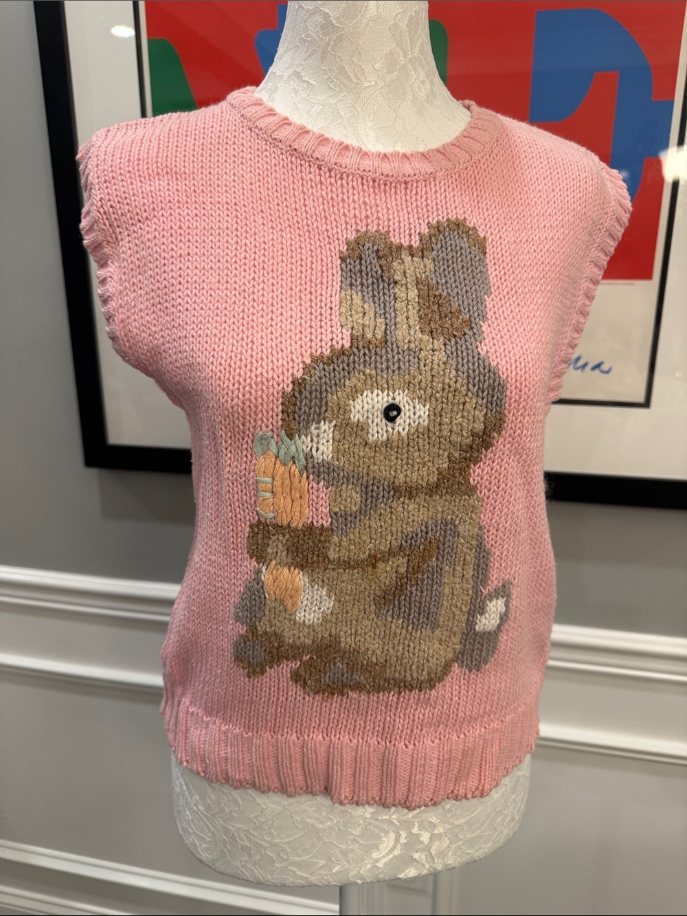 Vintage 1980s Currants Bunny Knit Sweater Vest Pink Novelty Kitsch S
